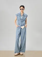 爽やかな青のフレンチスタイルノースリーブデニムオールインワン【夏用・女性用】