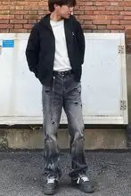 517 グレーのダメージデニムパンツ【ヴィンテージスタイル・フレア・クリーンフィット】