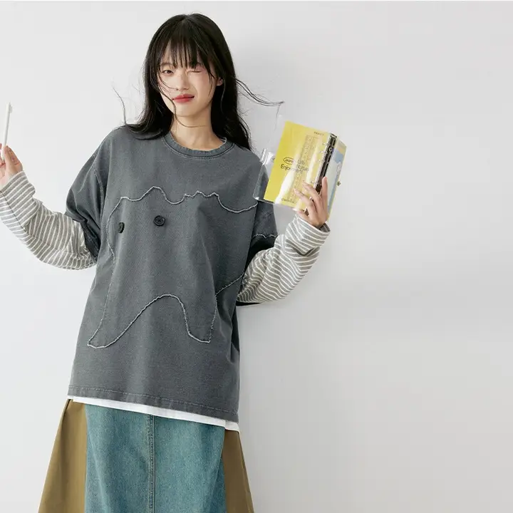 半袖Tシャツ ユニセックス ウォッシュ加工 パッチワーク びっくり猫 ワッペン ストリート「PSO Brand」
