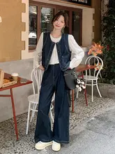 カジュアルデニムジレとワイドパンツの秋春コーディネート（セットアップ対応）