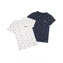 犬の足跡プリントの肩出し短袖Tシャツ【レディース・夏季用・クルーネック・スリムフィット】