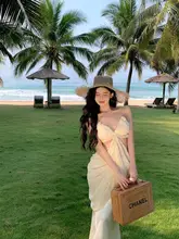 セクシーなビーチリゾートドレス【レースアップ・ウエストシェルデザイン・ロングスカート】（セットアップ対応）