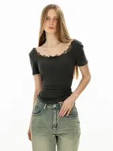 レース切替のリボン付きボックスネックウエストシェイプ短袖Tシャツ【刺繍デザイン・夏用・女性用】