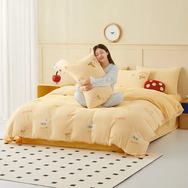Beyond home 可愛らしいデザインのダブルレイヤー厚手フランネル寝具【ミルクベルベット・冬用・四点セット】（セットアップ対応）