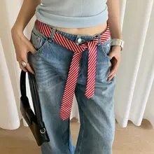 レッドストライプのウエストベルト【レトロデザイン・細長いスカーフ・おしゃれなアクセント】