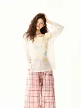 レトロデザインのチェック柄スリースリーブTシャツ【ゆったり薄手・オールシーズン対応】