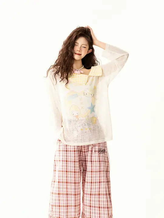 レトロデザインのチェック柄スリースリーブTシャツ【ゆったり薄手・オールシーズン対応】