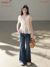 夏用 短袖フラワープリント シフォンブラウス【軽やかで高級感のあるデザイン】