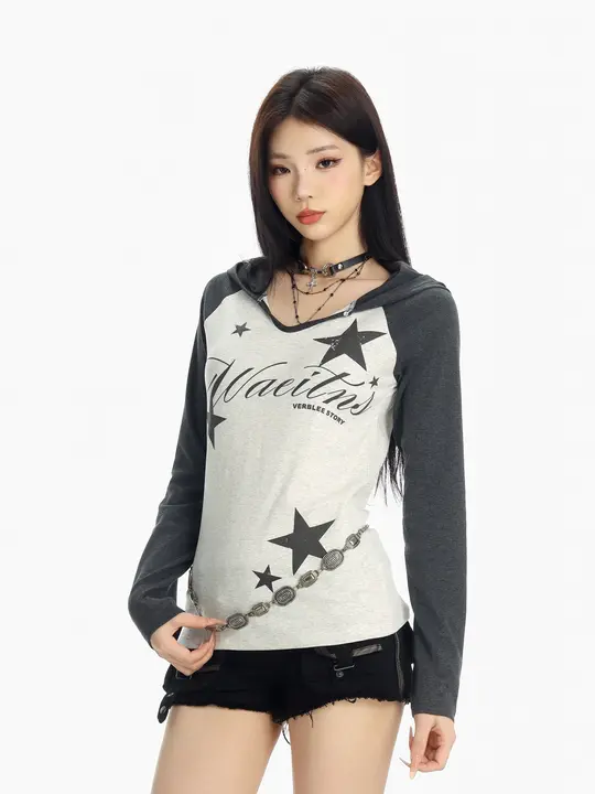 星柄フード付き長袖Tシャツ【アメリカンスタイル・美シルエット・Y2Kデザイン】