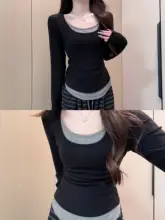 シンプルデザインのUネック長袖トップス【女性用・秋冬・ウエストシェイプ・重ね着対応】（セットアップ対応）