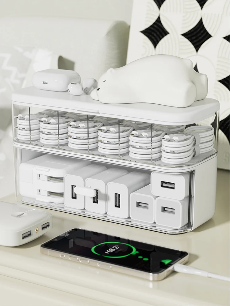 二層データケーブル収納ボックス：充電器・テーブル用の整理整頓に最適な収納解決策