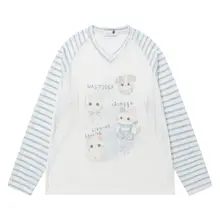 猫デザインのストライプ長袖Tシャツ【Vネック・春夏用・ユニセックス・フィット】