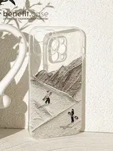 シンプルデザインのスノーマウンテン滑雪スマホケース【iPhone対応・透明シリコン・滑り止め機能】