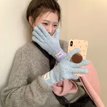 タッチスクリーン対応 厚手保温手袋【冬用・女性用・指分けタイプ・ブルー】
