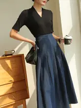 青いデニムのハイウエストAラインスカート【クラシックデザイン・ロング・プリーツ】