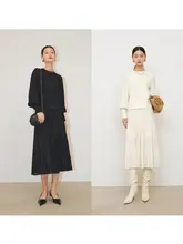 MRS Studios イタリア輸入のレーヨン＆シルク混紡 フレンチスタイルの透かし丸首バブルスリーブ半袖スカート