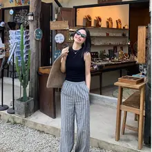 ワイドパンツ レディース ストライプ ウエストゴム ストレート ルーズ 「pusumede」
