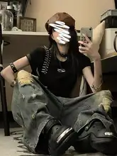 ヴィンテージ風 スプラッターデザイン ダメージデニムパンツ【長丈・ワイドストレート・レディース】