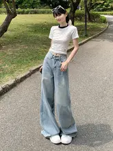 浅い色合いのフレアワイドレッグデニムパンツ【アメリカンヴィンテージ・ハイウエスト・スリム効果・ダメージデザイン】