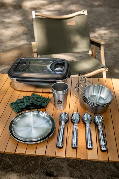 HIKEMAN アウトドアキャンプ食器セット【304ステンレス製・便利な皿・ボウル・箸・スプーン・カップ・全10点】