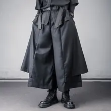 ダークスタイルのワイドレッグパンツ【フィット・九分丈・武士風デザイン】（セットアップ対応）