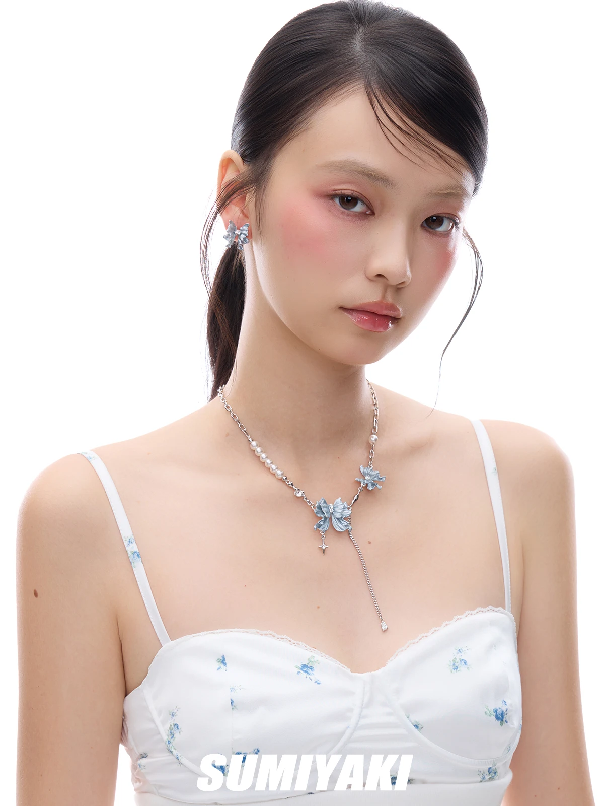 シルク風 蝶尾デザインネックレス【パール付き・調節可能・フィッシュテールスタイル】