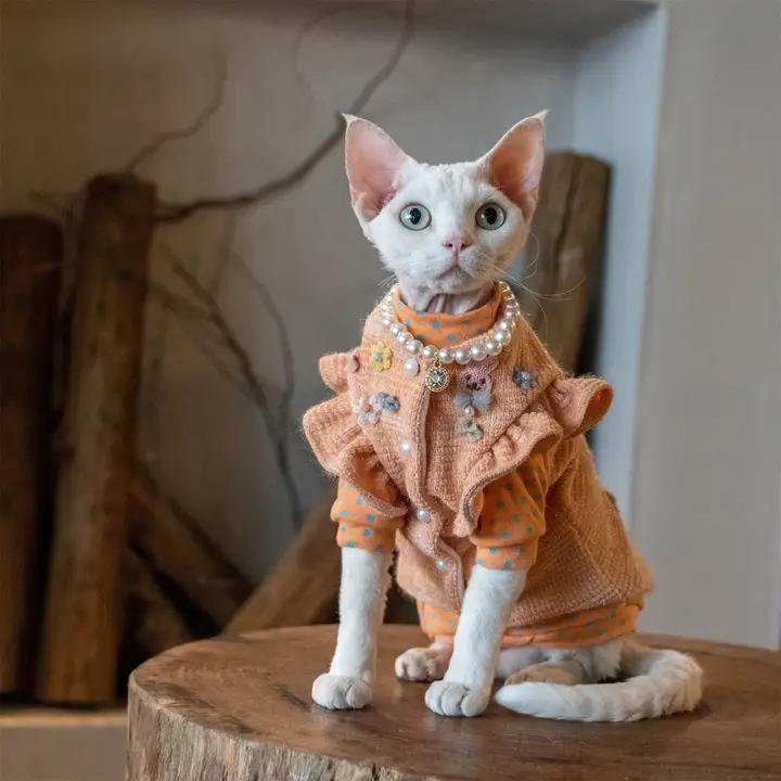 GINGERAIN おしゃれな無毛猫用セーターコート【フリース裏地・フライ袖・ボタン付き・単体着用可】