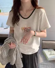 Vネック コットン短袖Tシャツ【米灰色・カジュアル・ゆったりフィット】