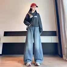 レトロデザインのデニムワイドパンツ【ハイウエスト・体型カバー・ゆったりシルエット】（セットアップ対応）