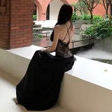 エレガントなブラックレース ハイネックドレス【セクシーなバックオープン・ウエストシェイプ・ロングドレス】