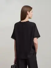 秋の極簡シフォンブラウス【ストレートカット・フリンジ・ビジュー装飾・正肩デザイン】（セットアップ対応）