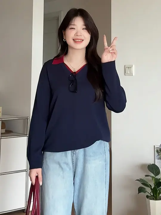 春用 ゆったりしたニットシャツ【長袖・襟付き・体型カバー】