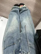ヴィンテージ風フリンジ付きワイドレッグデニムパンツ【春秋用・ゆったりデザイン】（セットアップ対応）