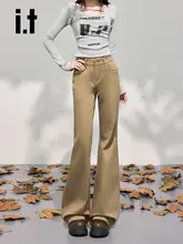 秋季用カジュアルなカキ色マイクラウチジーンズ【女性用・スリムストレート・ドラッグ長さ】