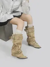 長膝丈の西部風ブーツ【金属ベルトアクセント・皺加工・女性用】