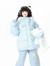 毛皮付きフリルデザイン チェック刺繍コットンジャケット【冬用・厚手・女性用】