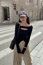 黒のフィット長袖トップス【肩出しデザイン・レース編み・秋用】