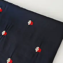 フライドポテト刺繍デザインの麻混紡生地【春夏用・ハンドメイドDIY向け】