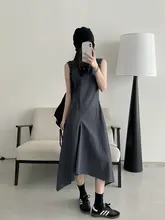 夏用ノースリーブワンピース【仮デニム・ウエストリボン・不規則な裾】