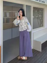 夏用紫系コーディネート【デザインシャツ・フラワープリント・防晒】とワイドパンツ（セットアップ対応）
