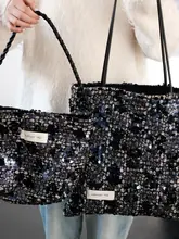バケットバッグ レディース キャンバス スパンコール ブルー 大容量 ショルダー 通勤 きれいめ 着回し 上品