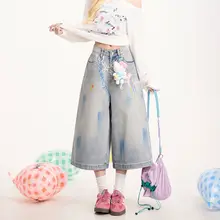 手描きチェーンプリントの七分丈デニムパンツ【カジュアルデザイン・ストレート・ワイドレッグ】（セットアップ対応）