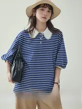 ブルーとホワイトのストライプ柄 フレンチカラー五分袖Tシャツ【女性用・夏向け・ゆったりデザイン】