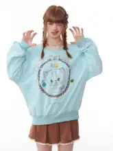 秋冬用アメリカンスタイル広めのトップス【長袖・ドローストリング・猫のプリント・裏起毛】