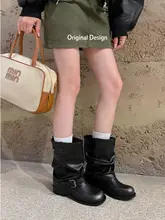 本革製のレトロスタイルショートブーツ【折りたたみデザイン・女性用・イギリス風】