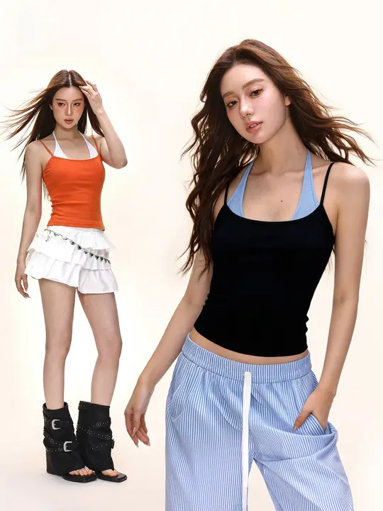 夏用 バイカラー バッククロス ノ sleeveless トップス【ウエストシェイプ・アメリカンカジュアル】（セットアップ対応）