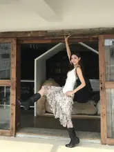 アメリカンスタイルのレオパード柄不規則ヘムロングスカート【薄手・夏用・ロマンティック】