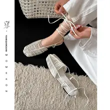 手編みの細紐デザインバンド付きサンダル【ローマ風・フラット・フレンチスタイル】