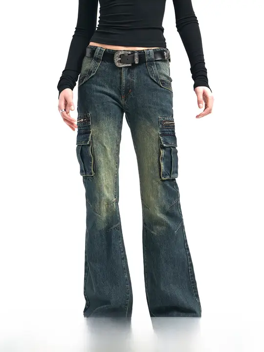 アメリカンビンテージ風ワイドレッグカーゴパンツ【おしゃれなダメージポケット・秋用】