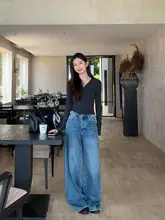 ヴィンテージ風ブルーのストレートデニムパンツ【高腰・秋用・ドレープ感】（セットアップ対応）